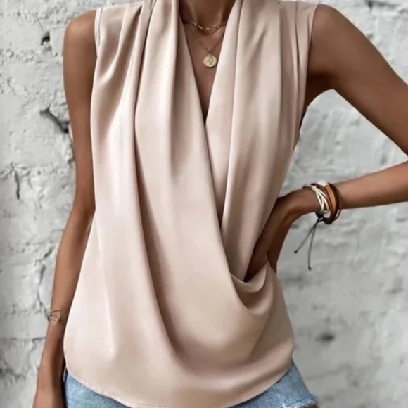 Luxe Satin Overlap Wrap Sleeveless Work Office Top - Picture 7 of 9